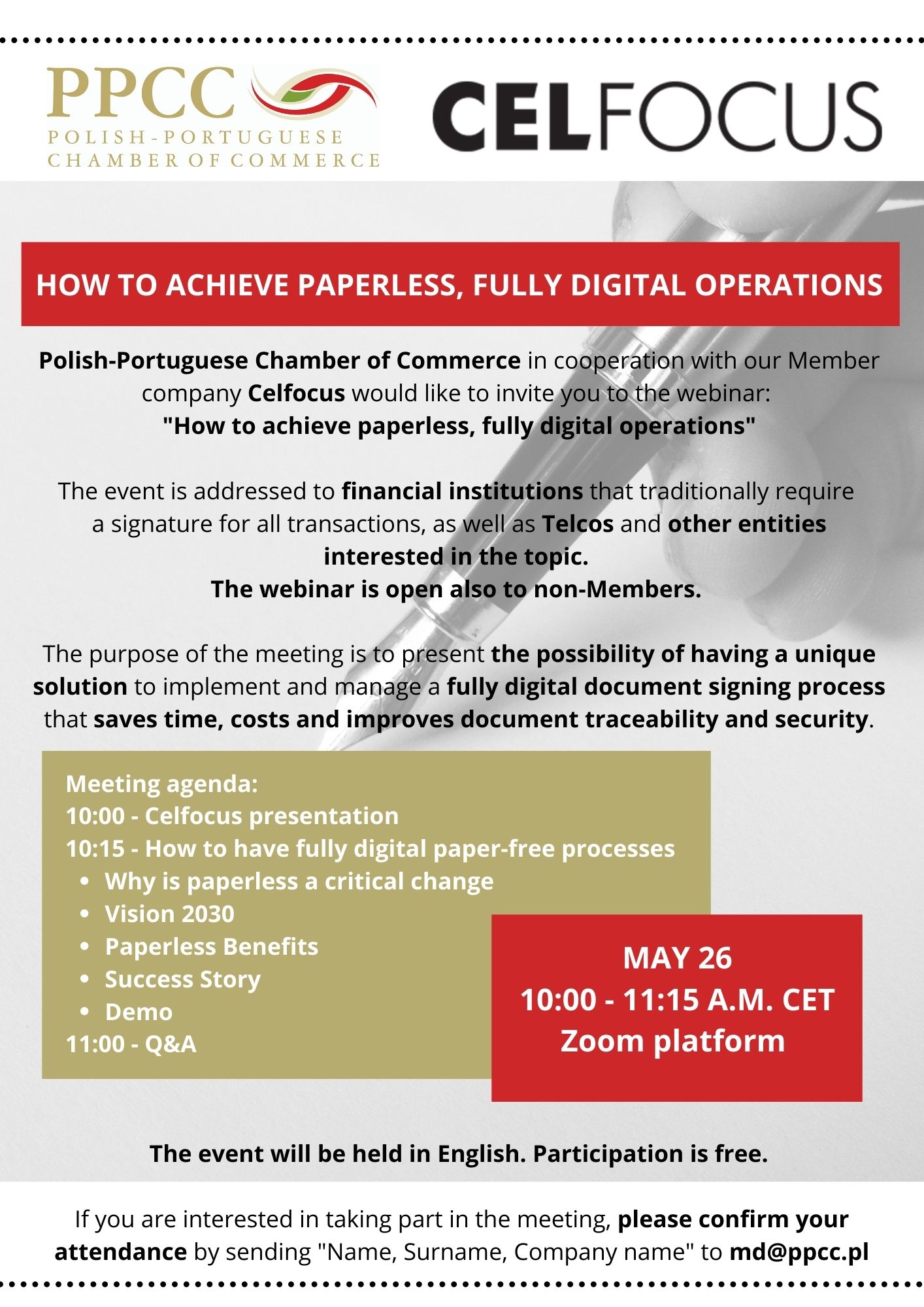 PPCC & Celfocus webinar: "How to achieve paperless, fully digital operations", 26 May 2021, 10 a.m.