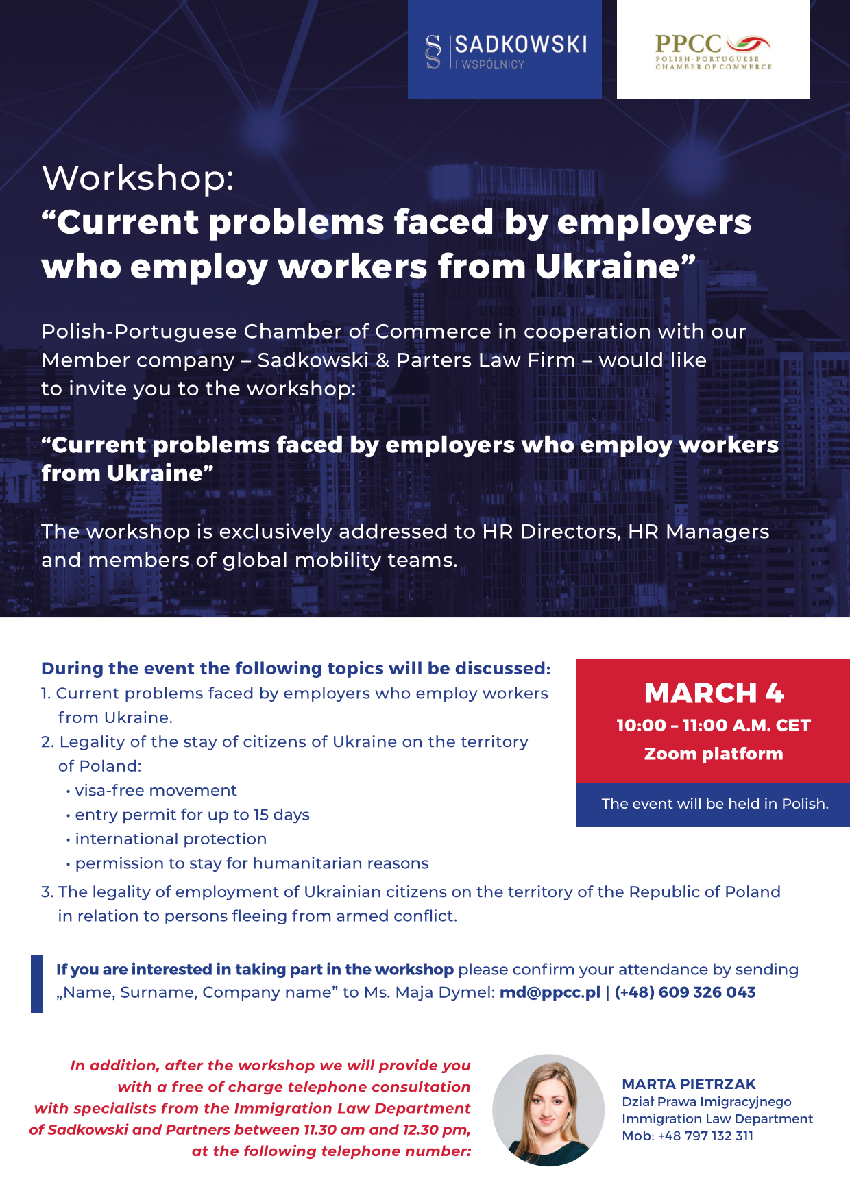"Current problems faced by employers who employ workers from Ukraine" - Workshop & Free Consultation for PPCC Members